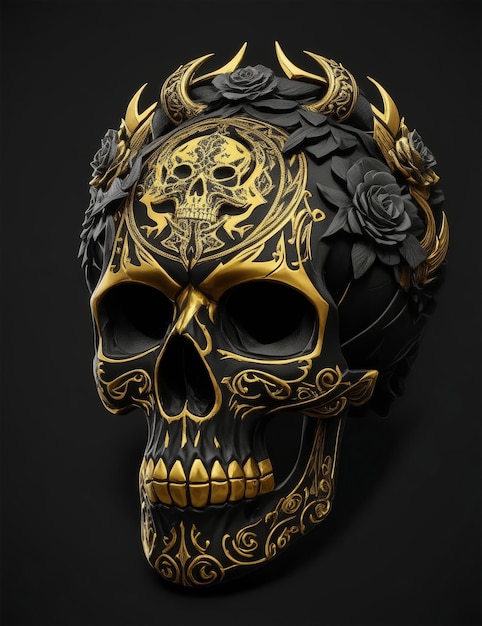 Black and gold skull featuring a crown of thorns and roses on the top
