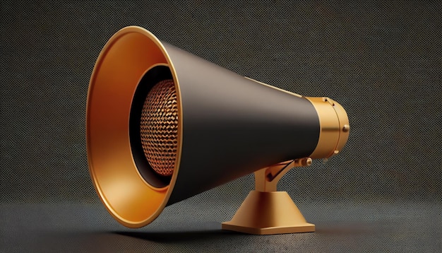 A black and gold speaker with a black background