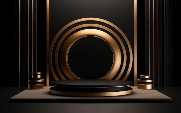 A black and gold stage with a round podium and columns generative ai