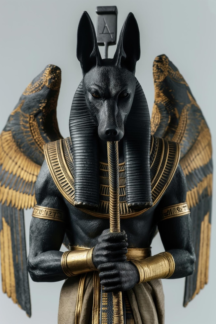 Photo black and gold statue of anubis the egyptian god of the afterlife holding a staff and wearing gold armbands