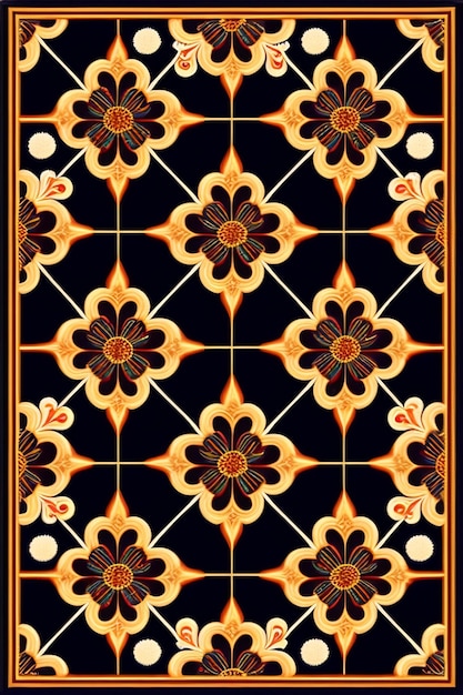 A black and gold tile with a floral pattern.