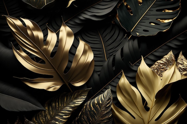 Premium Photo | Black and gold tropical leaves background