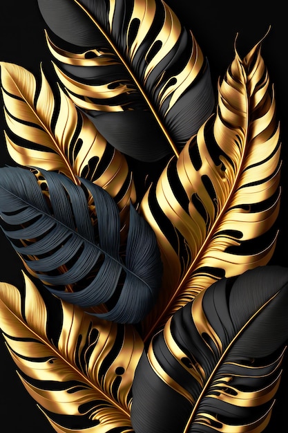 Photo black and gold tropical leaves background