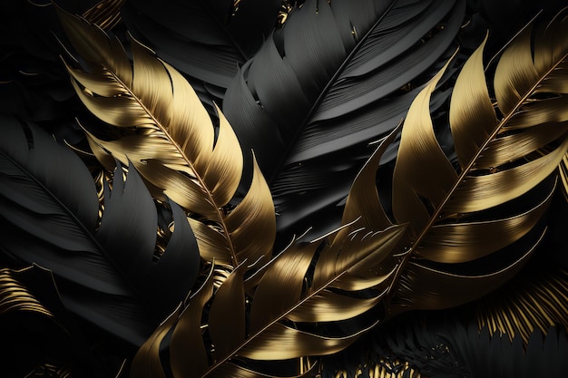 Black and gold tropical leaves background