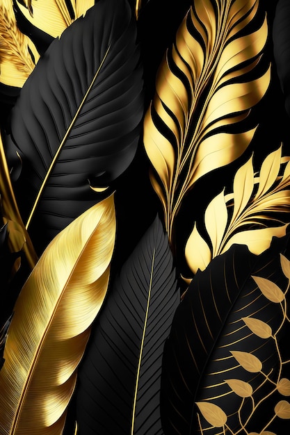 Black and gold tropical leaves background