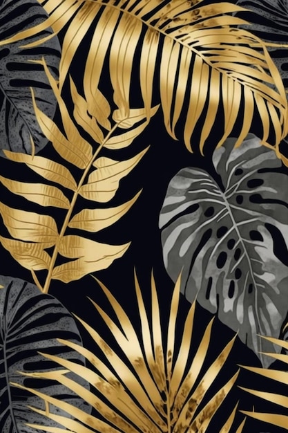 Черные и золотые тропические листья на черном фоне.