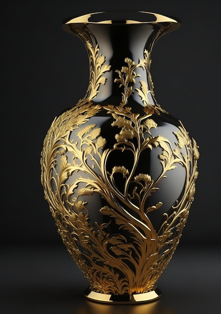 A black and gold vase with a floral design on the bottom.
