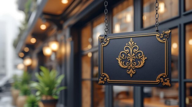 Photo black and gold vintage hanging sign mockup