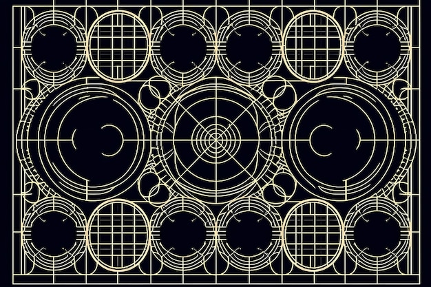 a black and gold wall with a circle and a circle of circles in the center.