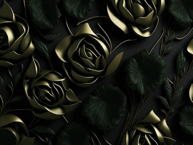 Black and gold wallpaper with a black background and gold roses.