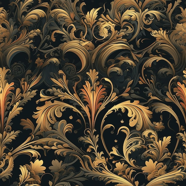 A black and gold wallpaper with a pattern of flowers and leaves.