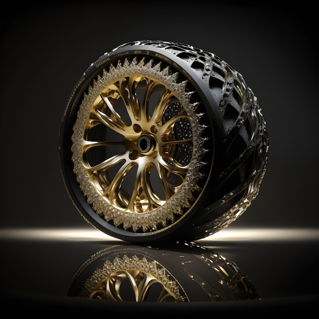 A black and gold wheel with a white ring around the center.
