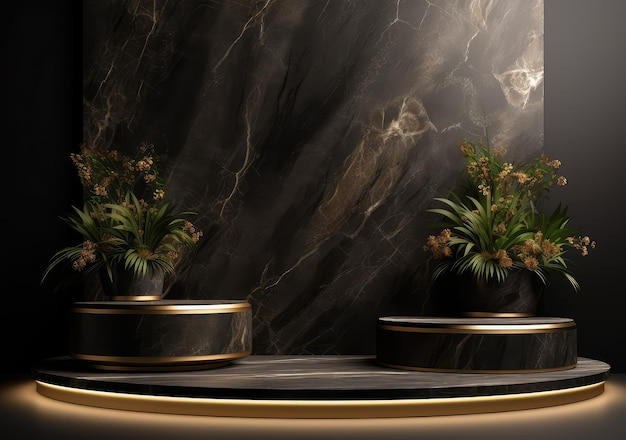 Black and gold with leaf stage podium for products decoration suitable AI Generative