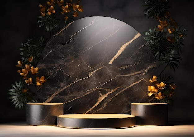 Black and gold with leaf stage podium for products decoration suitable AI Generative