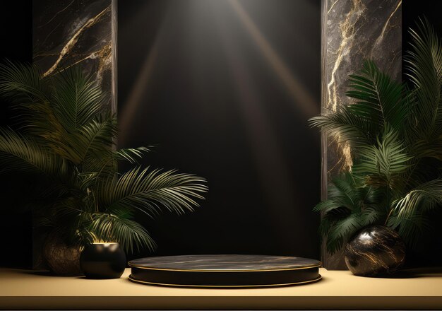 Black and gold with leaf stage podium for products decoration suitable AI Generative