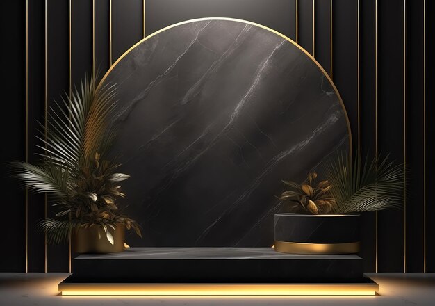 black and gold with leaf stage podium for products decoration suitable AI Generative