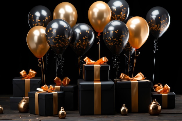 Black and golden balloons on black background with black gift boxes Generative AI illustration