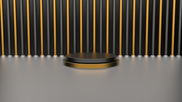 抽象製品に適した黒の金色のシリンダーステージ表彰台の装飾は、3Dレンダリングを表示します