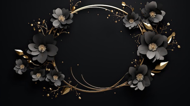 Black and golden flowers wreath abstract background Generative AI design