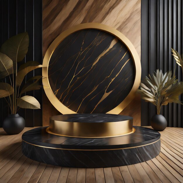 A black and golden marble luxury podium on a wooden and natural background Ai Generated