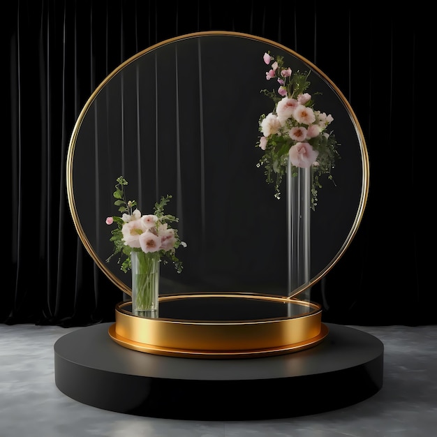 Black golden podium stage mockup glossy pedestal with natural flower decor on glass pillar