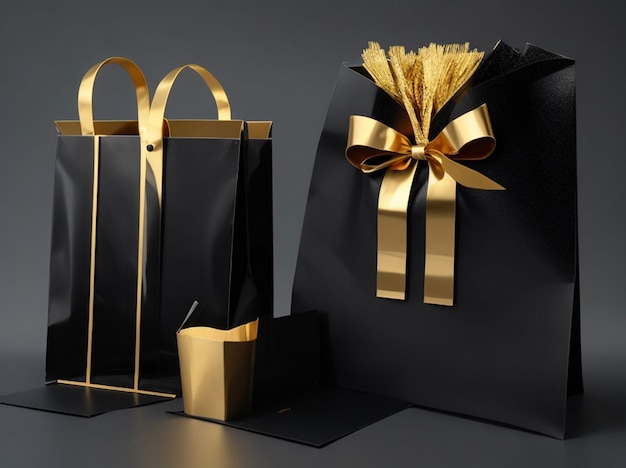 black and golden present shopping bag on black background