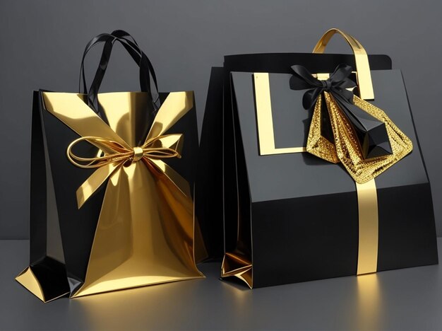 Photo black and golden present shopping bag on black background