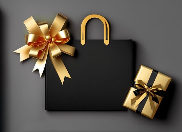 Photo black and golden present and shopping bag red