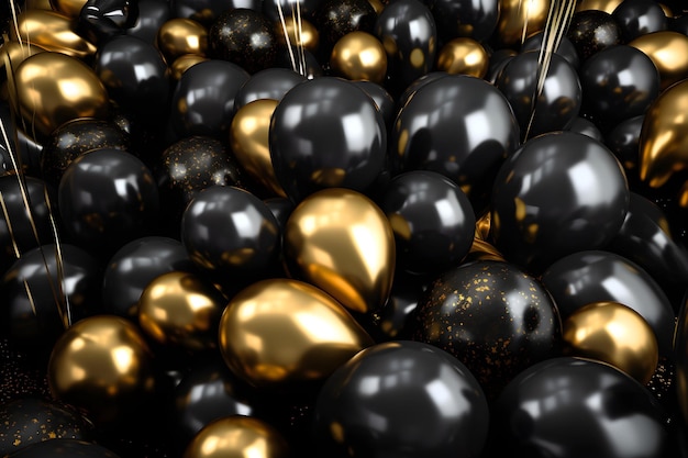 Black and golden shiny balloons in empty room background