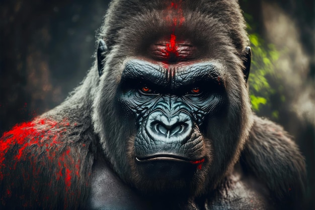 Black gorilla with red spots on its head in wild