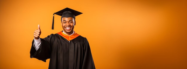 Black graduate with thumbs up gesture orange monochrome background Achievement and positivity concept Generative AI