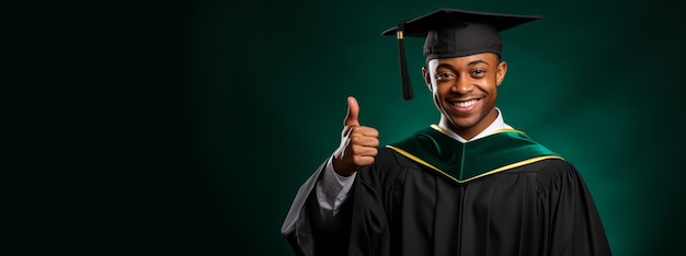 Черный выпускник с большим пальцем на темно-зеленом фоне Концепция одобрения и оптимизма Генеративный ИИ