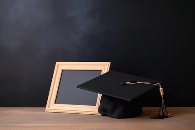 A black graduation cap and a frame on a wooden table