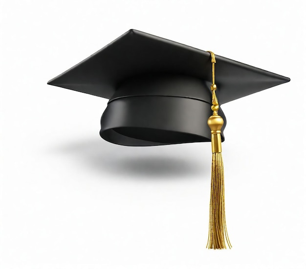 a black graduation cap hangs from a lamp