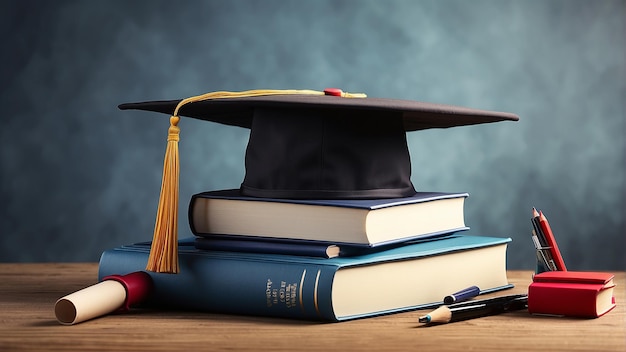 Photo a black graduation cap rests on a stack of blue and red books