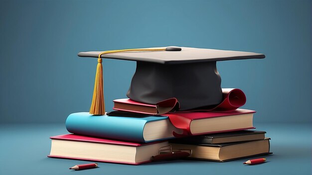 Photo a black graduation cap rests on a stack of blue and red books