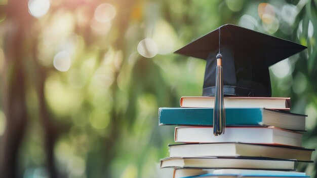 Photo a black graduation cap sits on top of a stack of books with a blurred green background