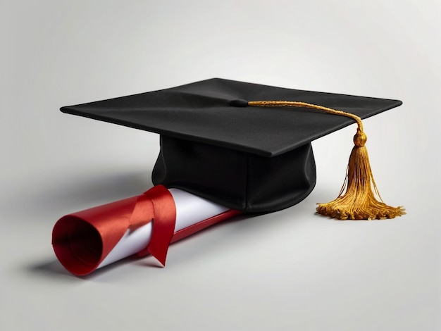 Фото Черная выпускная шапочка с степенью, изолированной на белом фоне