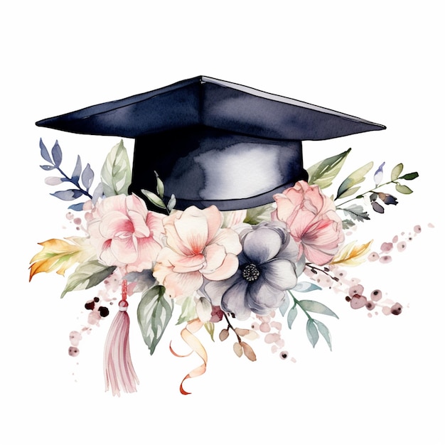 A black graduation cap with flowers and leaves.