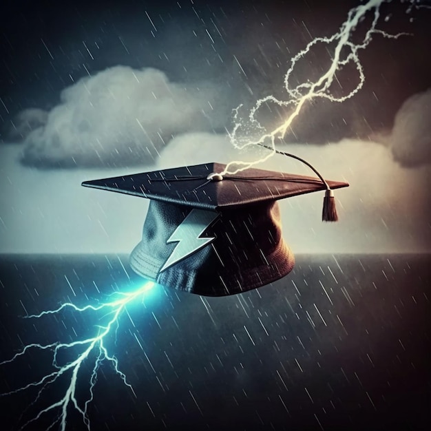 A black graduation cap with lightning and a hat with the word graduation on it.