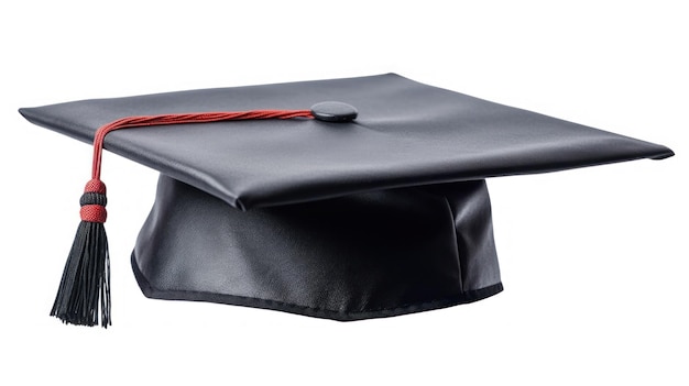 a black graduation cap with a red ribbon on the top.