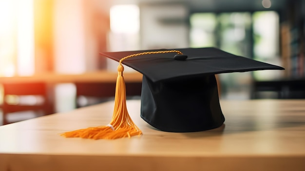 A black graduation cap with a tassel on it sits on a table.