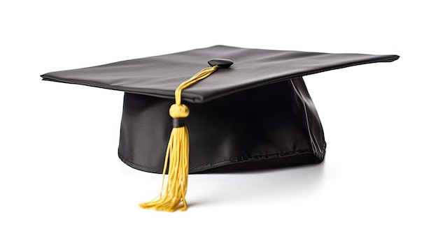 a black graduation cap with a yellow tassel