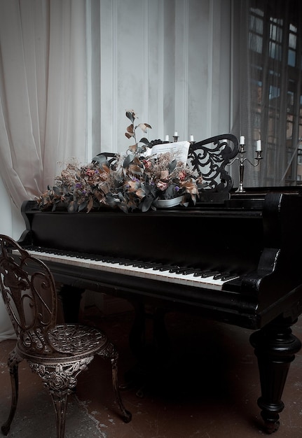 Black grand piano in the interior