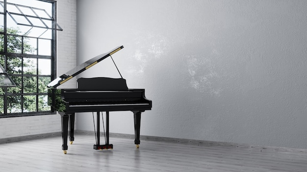空の部屋で白い壁の近くの黒のグランドピアノ