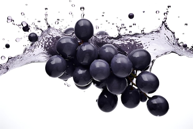 Black grapes and splash of water on white background