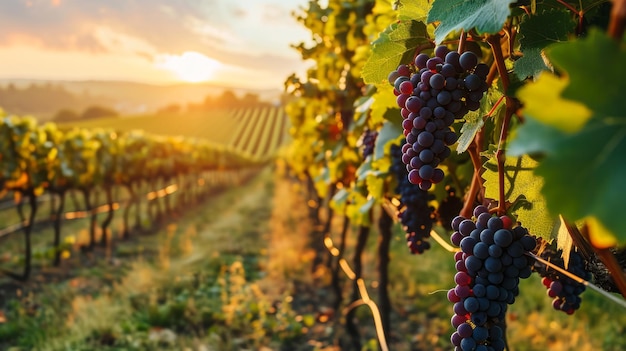 Black Grapes on Vineyards Background at a Winery