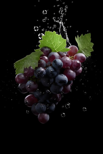 Black grapes in water with a black background