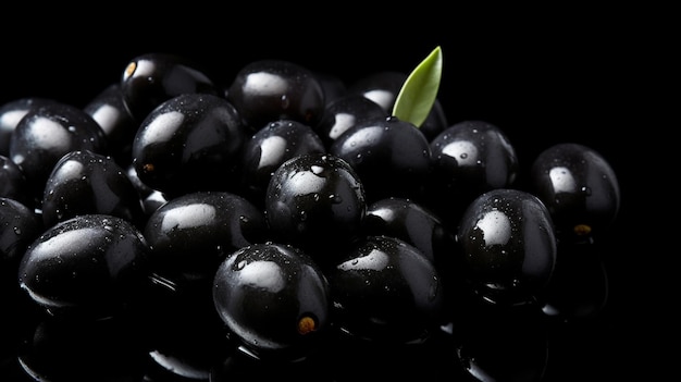 Black grapes with a green leaf