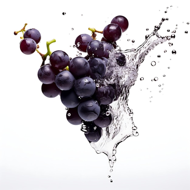 Black grapes with water splashing isolated on white background